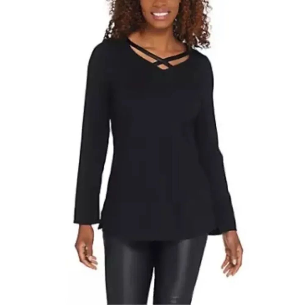 Belle Kim Gravel Cross Front Top Faux Leather Trim